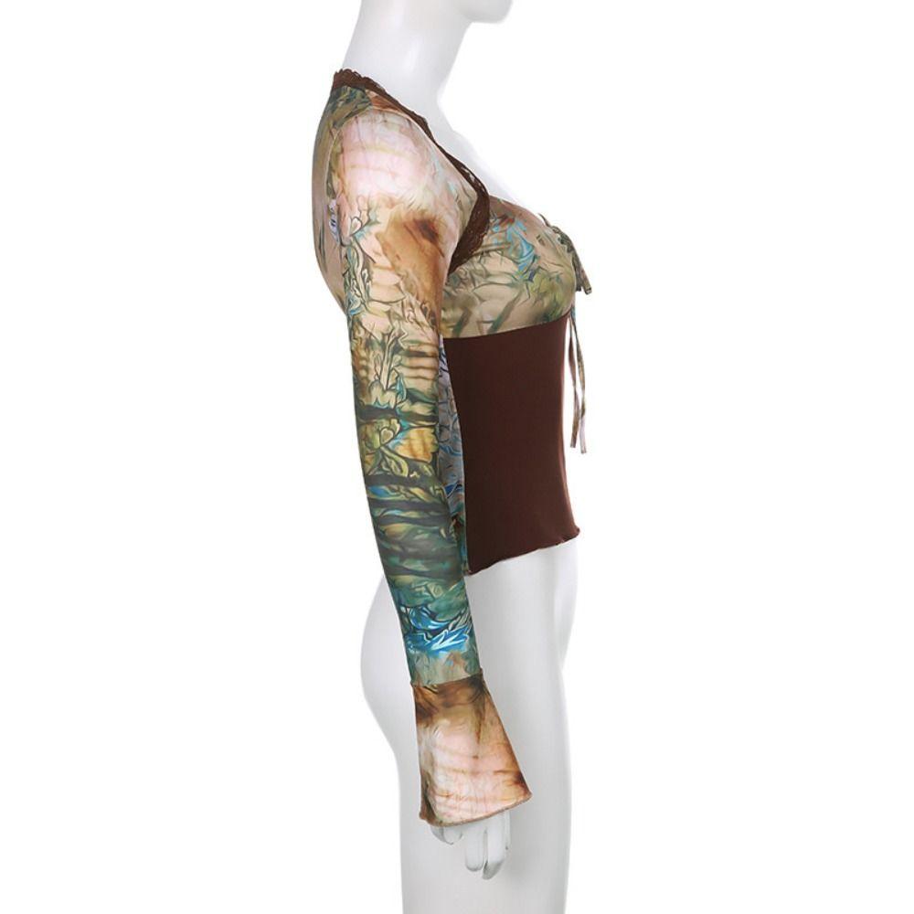 Long Sleeves Transparent Flower T-shirt Pleated Slim Crop Tops V-neck Printing Corset  Travel