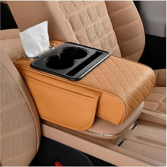 Car Center Console Armrest Pillow, Memory Foam Leather 4 In 1 Vehicle Arm Rest Cover With Tissue Box 2 Side Storage Bag Cup & Phone Holder, Auto