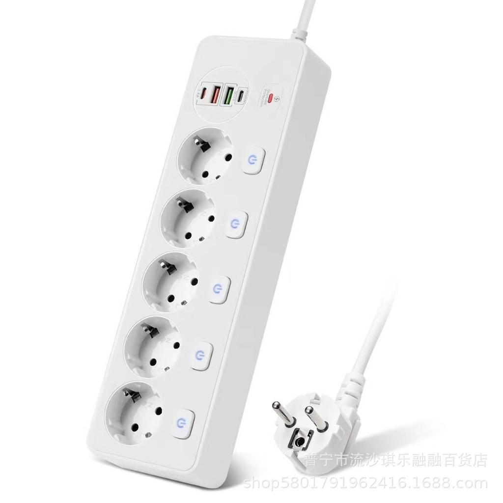 European 5-Hole Smart Power Strip with USB Fast Charge PD20W, Overload Protection, and Independent Switch Controls.