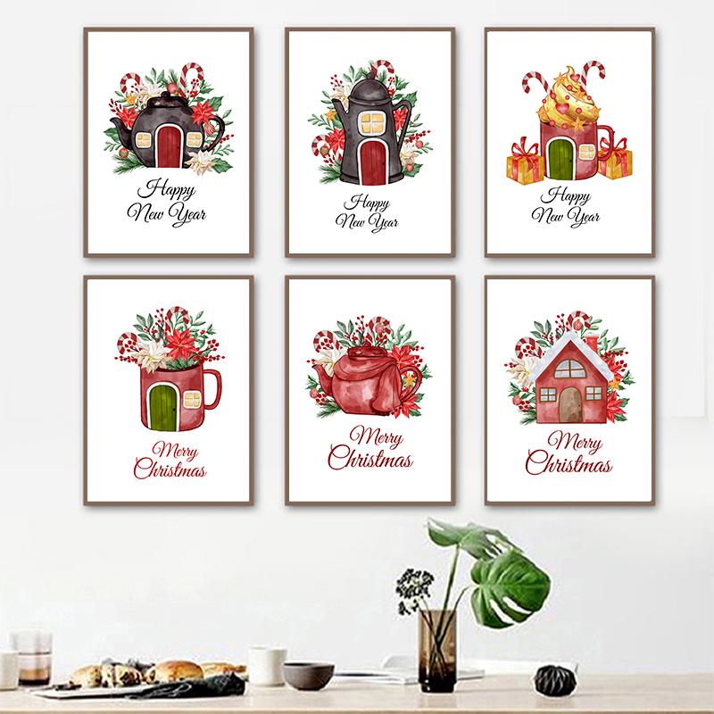 Christmas Cane Candy Decoration Wall Art Stocking Gifts Canvas Painting Jingle Bells Little House Poster Living Room Decoration