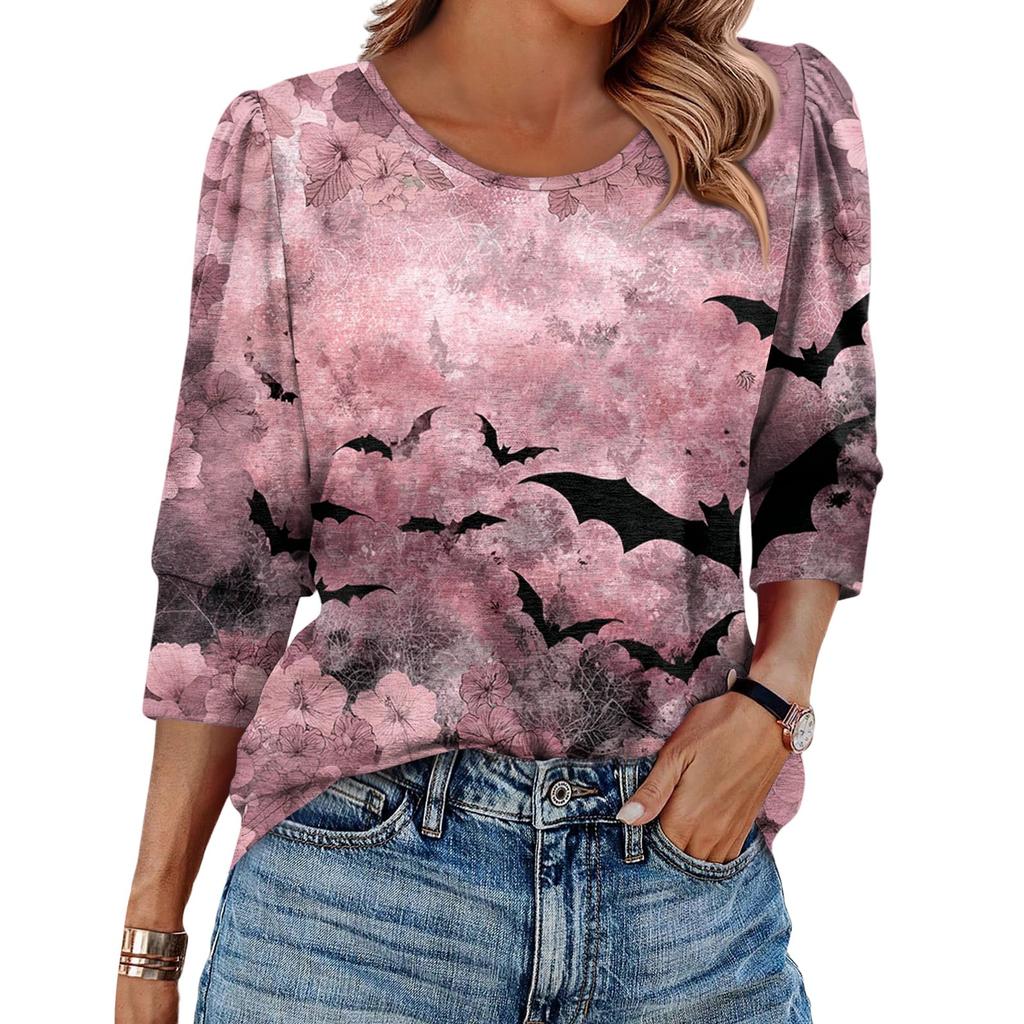 Women's Fashionable Casual Round Neck Seven Quarter Sleeve Halloween Printed Bubble Sleeve Top