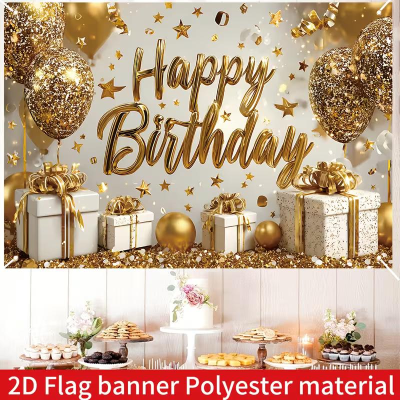 2D Shiny Gold Themed Birthday Photo Booth Background Cloth
