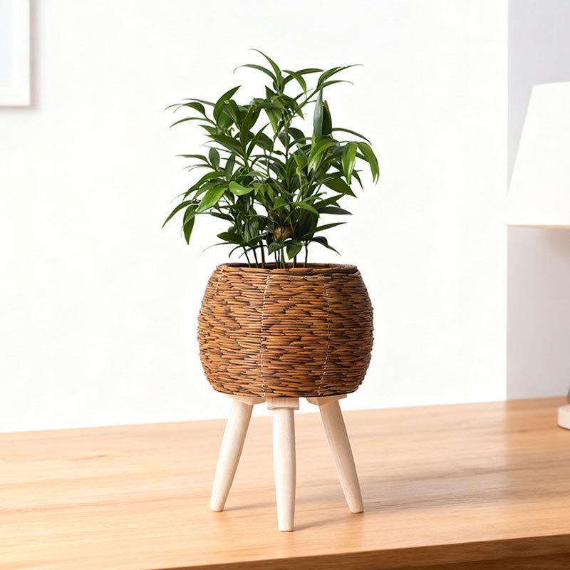 Triangular Faux Rattan Flower Stand - Desktop Succulent Holder and Decorative Straw Woven Pot