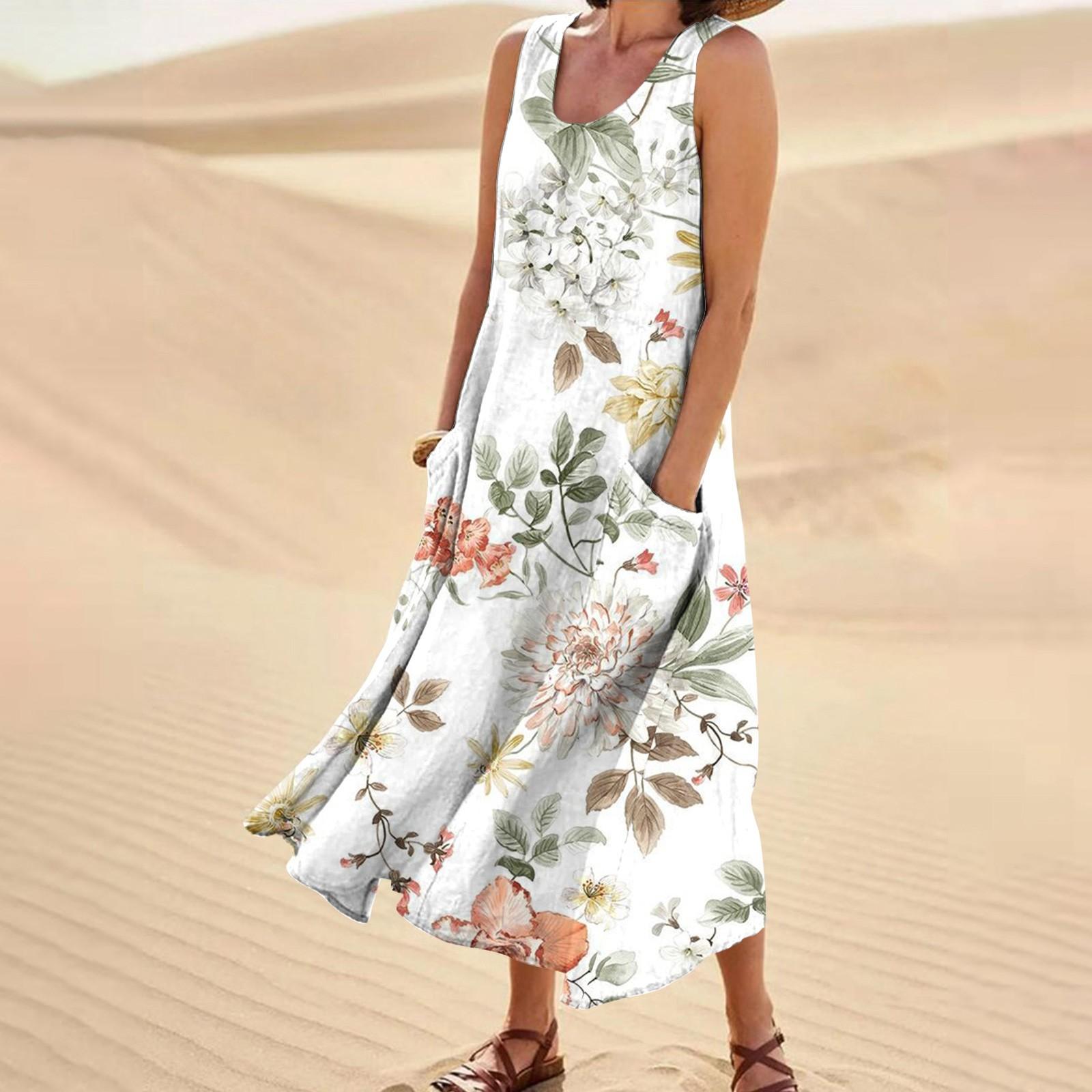 

Женское повседневное удобное хлопковое карманное платье без рукавов с цветочным принтом XXL