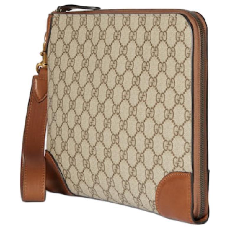 Gucci GG Monogram Canvas Leather Trim Wrist Strap Clutch Bag With Gold Hardware For Unisex Luxury Daily Travel Use
