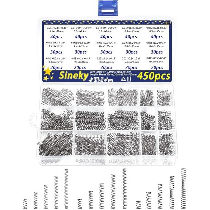 Набор из 450 шт. сжатых пружин, Малый набор пружин для DIY-проектов и ремонта, 15 разных размеров, Набор сжатых пружин из нержавеющей стали 10-30 мм 450pcs
