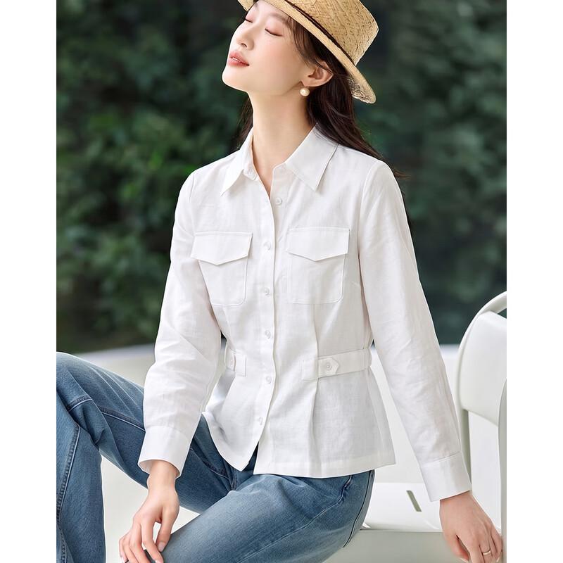 TERRE BLEUE Women s Linen Blend Waist-Cinching Shirt XL