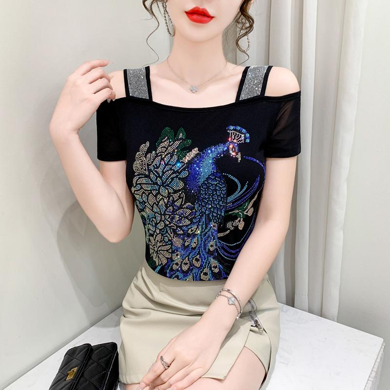 TrendHub Sexy Off Shoulder T Shirt for Women Luxury Flower Diamonds Short Sleeve Tee Summer Fashion Womens Mesh Tee Shirts Top