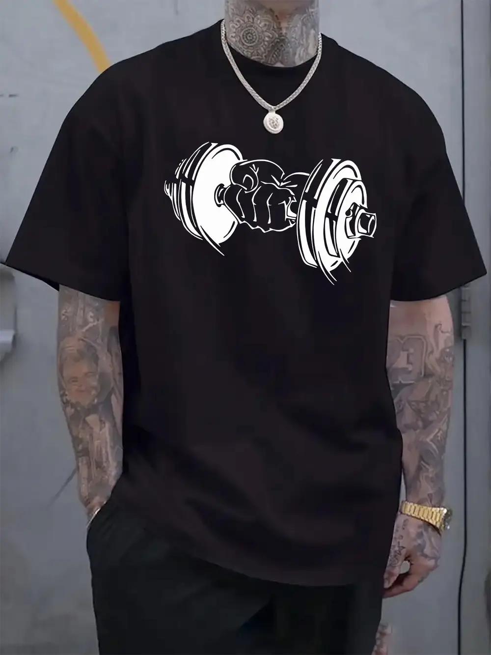 Casual Crew Neck T-shirt with Dumbbell & Grip Graphic Print XXXL
