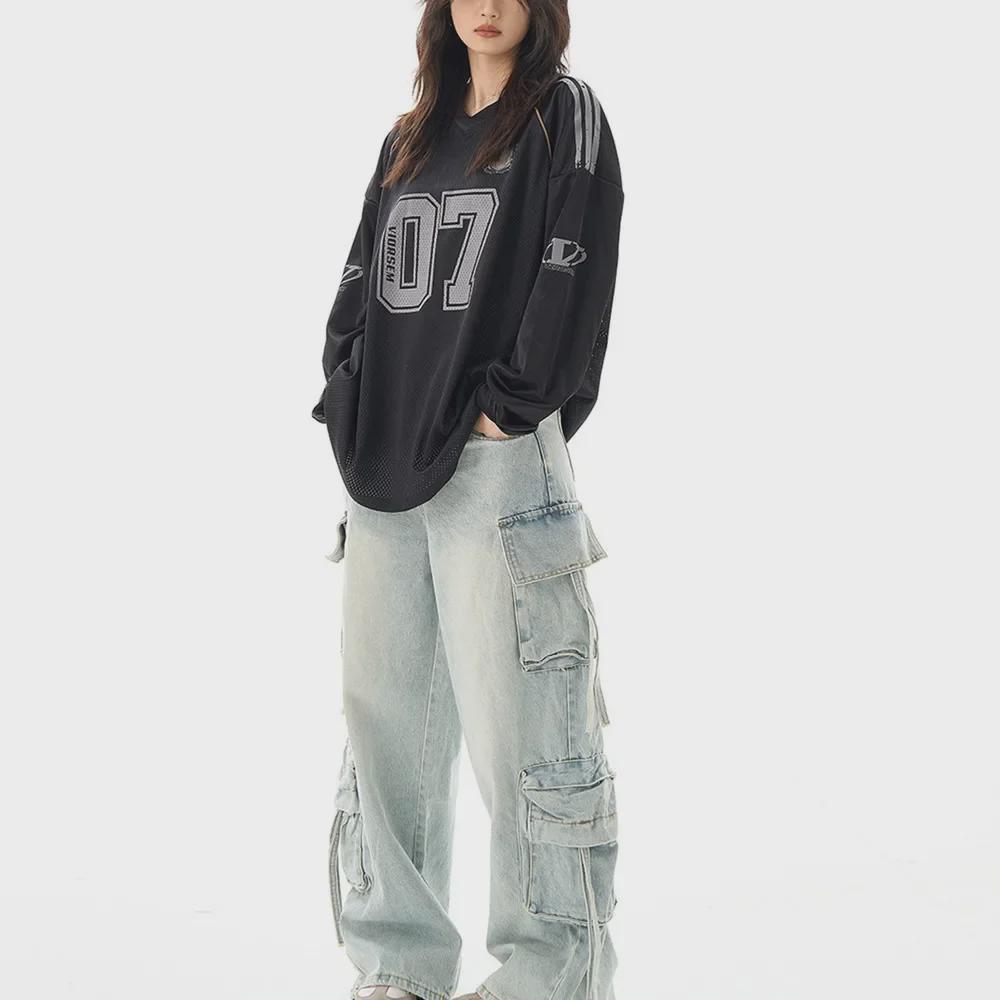 Unisex V-Neck Long-Sleeve Retro Jersey Top