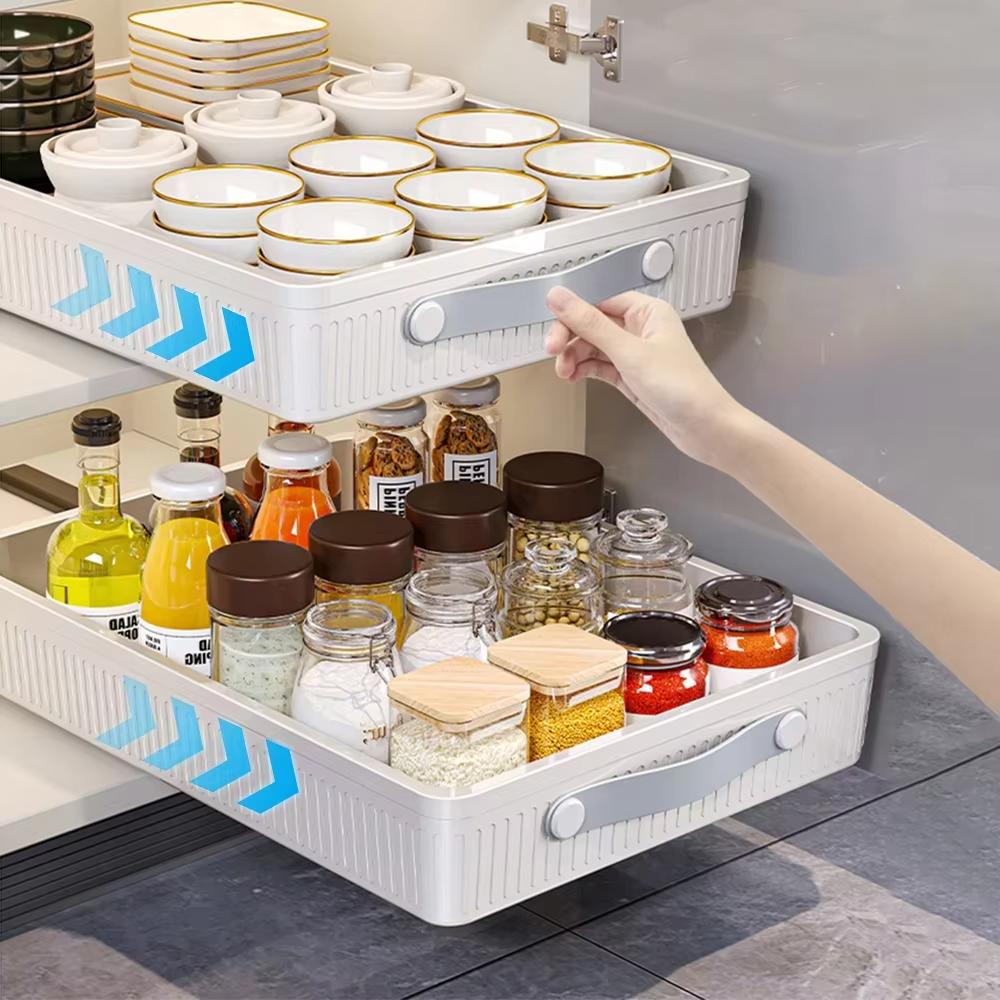 Kitchen Drawer Storage Shelves With Slide Rails Pull Out Cabinet Organizer Storage Tray Spice Bottle Storage Rack Space Saving
