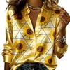 Women Satin Long Sleeve Shirt Sunflower Triangle Geometric Print Blouse Lapel Single Breasted Loose Office Tops
