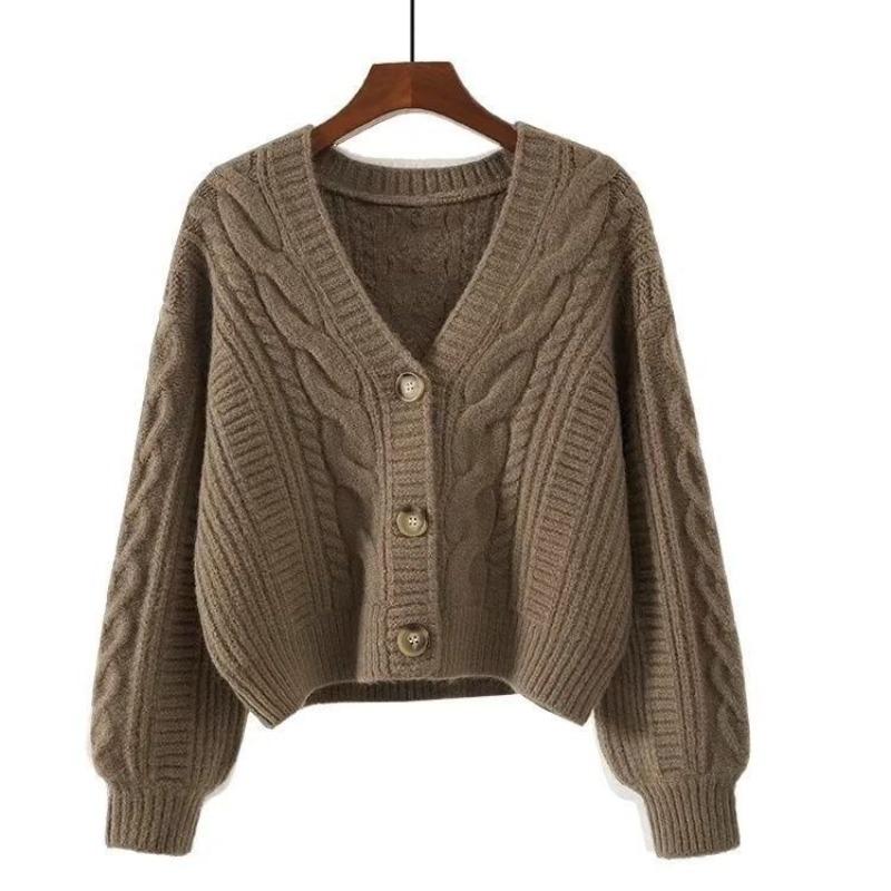 Retro style thin v-neck knitted cardigan women's short sweater twist stripes spring and autumn loose thin outer fit