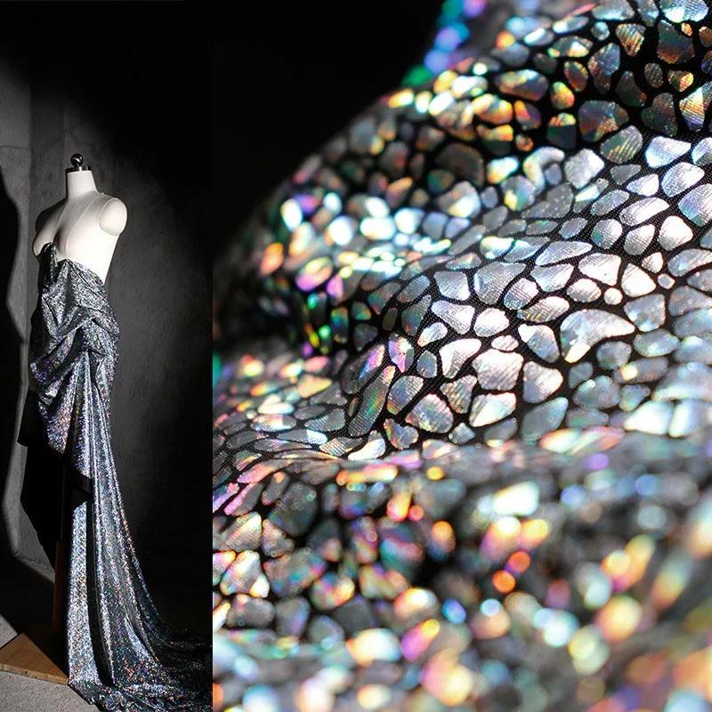 50x145cm Laser Iridescent Coated Fabric Diy Elastic Skirt Dress Cloth Stage Background Decorative Material Clothing Supplies