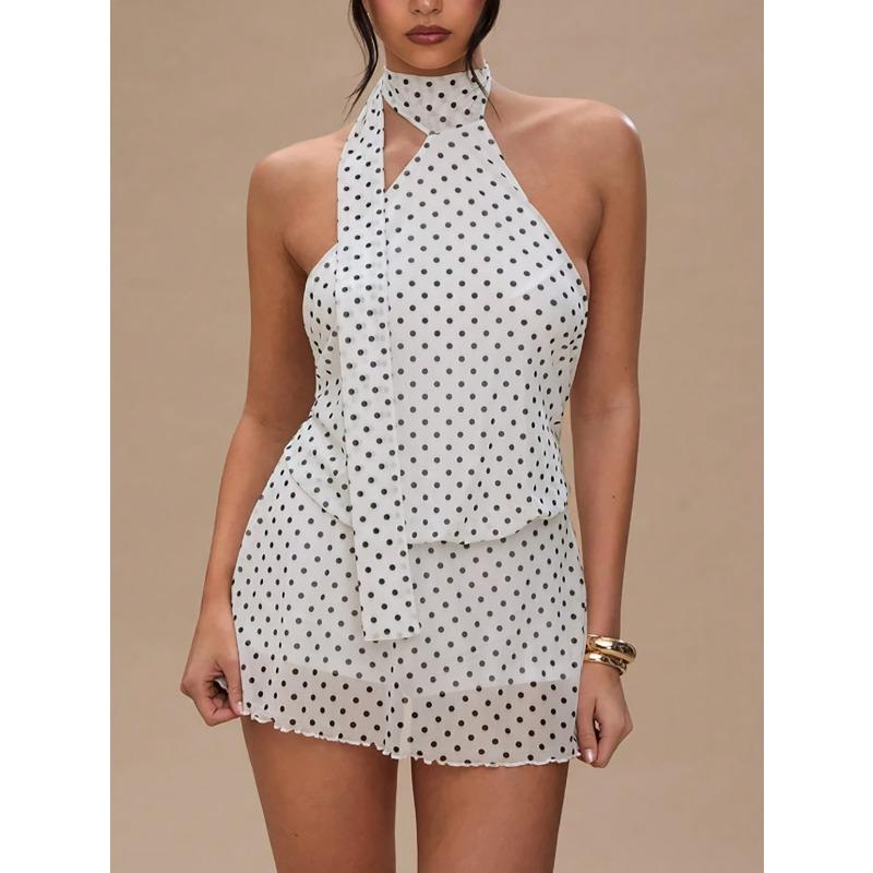 European and American temperament women's clothing polka dot sleeveless neck waist dress sexy backless mini mesh skirt