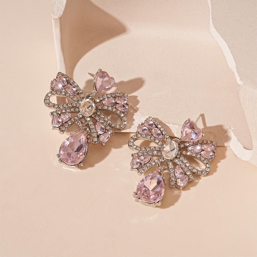 Sophisticated Diamond Bow Teardrop Tassel Earrings – Elegant Silver Needle Jewelry for Women