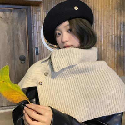 Poncho Umhang Knopf Schlitz Hoher Kragen Schal Damen Herbst Winter Koreanische Version Einfarbig Schal Vielseitiger Pullover Gestrickter Umhang