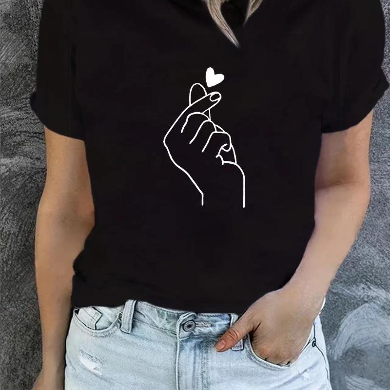 

90s Finger Tshirt Heart Print T-Shirt Short Sleeve Crew Neck Casual Top for Summer Spring Women s Clothing Top Tee S чорний