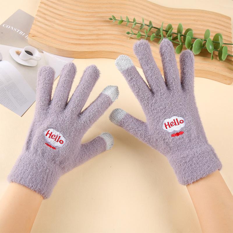Autumn and winter new gloves thickened knitted cold-proof and warm gloves female cute cartoon smiley face riding gloves
