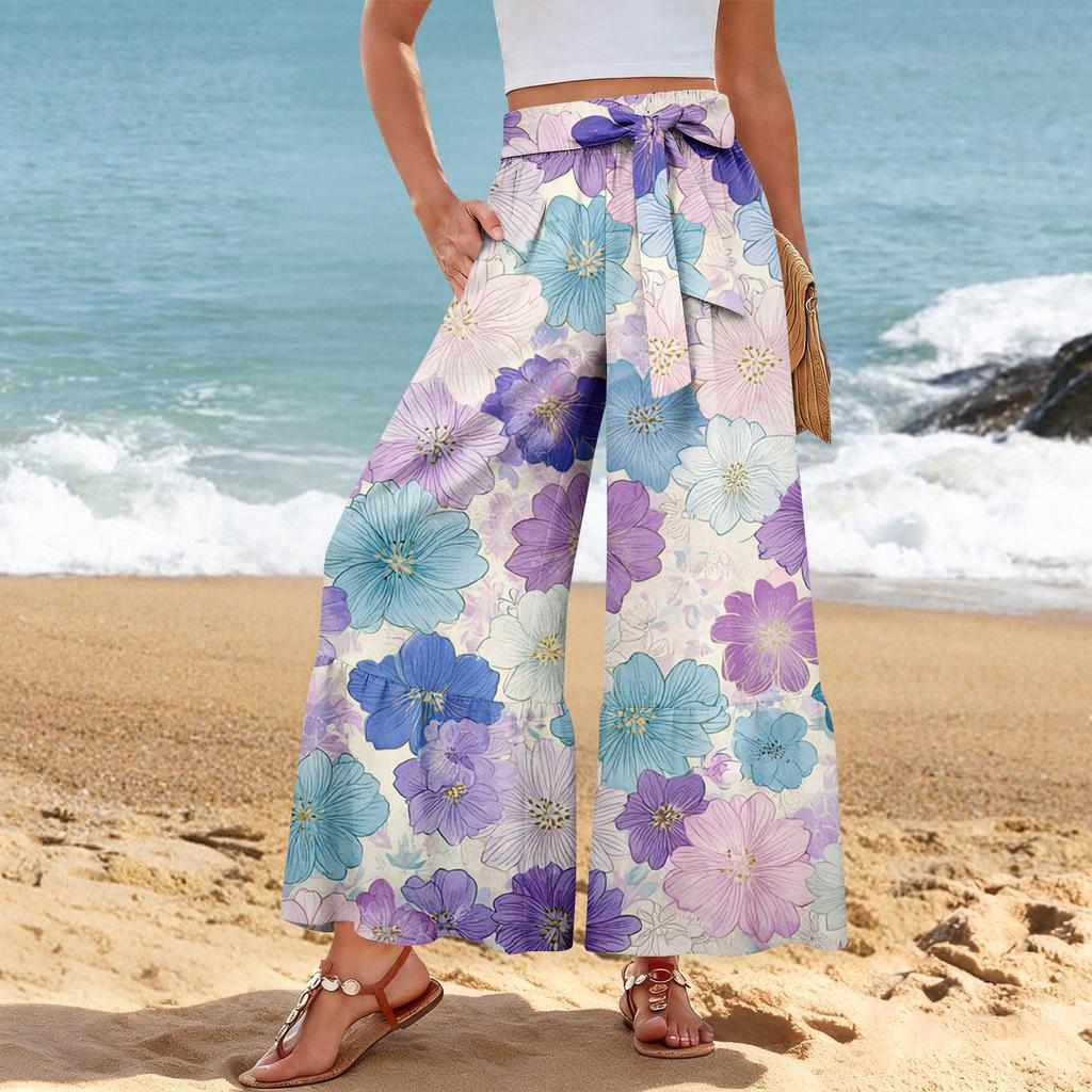Pantalon décontracté large pour femme, Stretch, Taille haute, Ourlet à volants, Jambes larges, Ceinture, Et poches