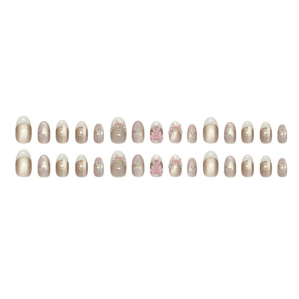 Manicure Long Almond False Nails French Simple Press On Nails Detachable Sweet Pink Bow Nail Tips DIY