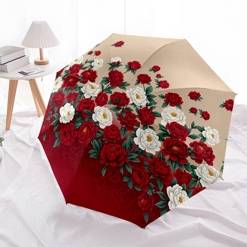 

1pc Circular floral pattern with red and white flowers. Umbrella with Plastic Handle,Compact & Stylish,Suitable for All Seasons ptys26034
