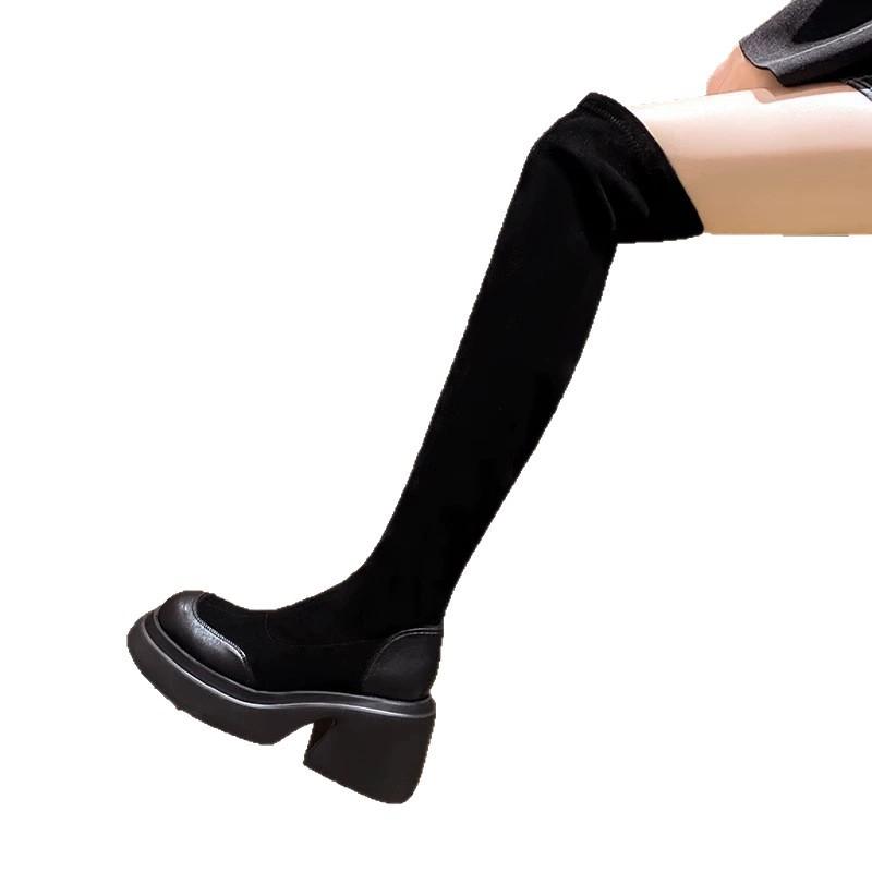 Super Long High Boots Women's Thin Bag Thigh Muffin Thick-soled Boots European and American Fashion High-heeled High-tube Elastic Thin Boots