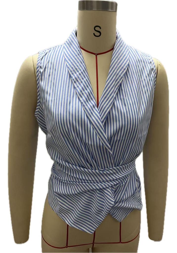 European Striped Sleeveless Tie-Waist Irregular Vest Shirt for Summer 2026