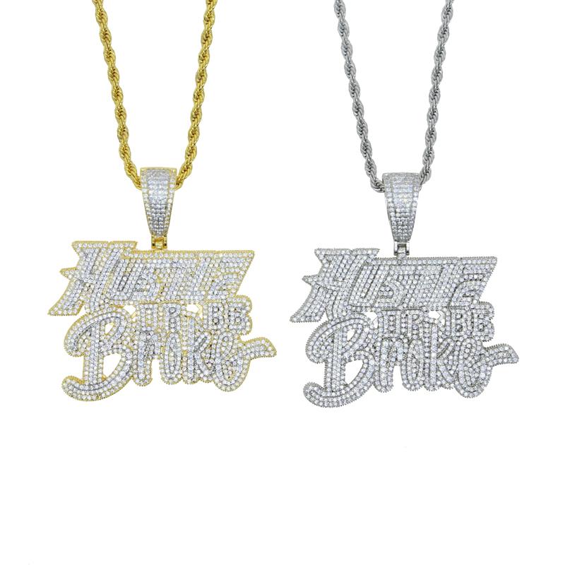 New Fashion Hip Hop Bling Cubic Zircon Paved Hustle Letter Pendant Necklace with Rope Chain Men Punk Jewelry