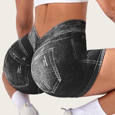Hög midja Dam Sportshorts Höjning av rumpan och Kroppsformande Fuskdenim Jeans Stretch Korta Leggings