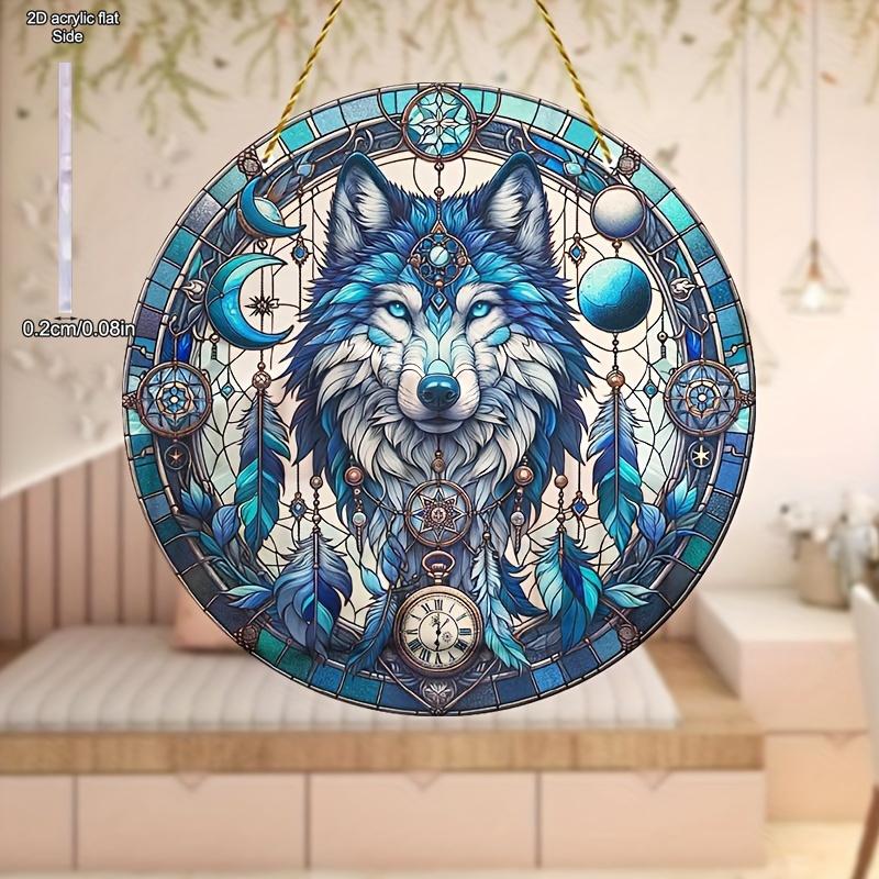 Wolf Sonne Acryl-Fänger, Acryl-Gitter im Buntglas-Stil, Traumfänger-Inspiration, Reflektierende Kunst für Haus & Garten, Kinderzimmer, Vintage-Wohnkultur