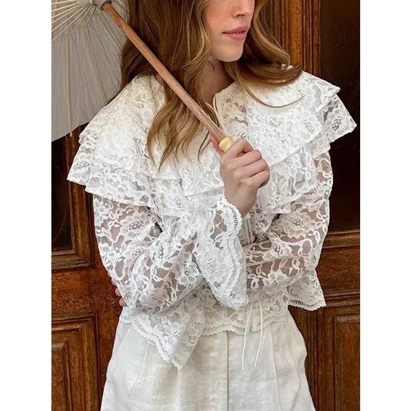 Women S Lace Long Sleeve Double Layer Collar Shirt Elegant Commute