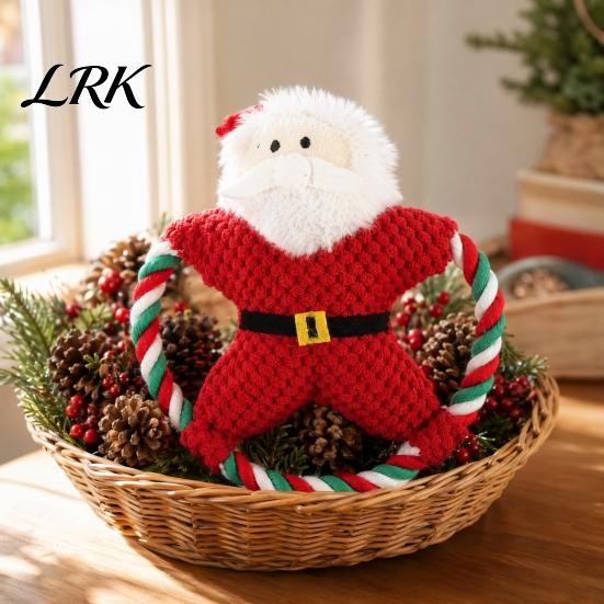 Festive Dog Chew Toys Christmas Plush Toy, Squeaky Toy with Cotton Rope, Bite Resistant Santa Claus Holiday for Small Medium Dogs, Interactive