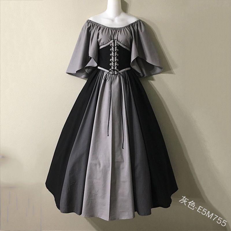 Damen schulterfrei kurzärmliges Maxikleid lockere Passform mittlere Taille Farbblock Renaissance Mittelalter Cosplay Gewand
