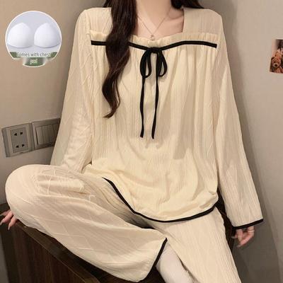Women's Korean-Style Long Sleeve Pajamas with Chest Pads for Spring, Autumn, and Winter