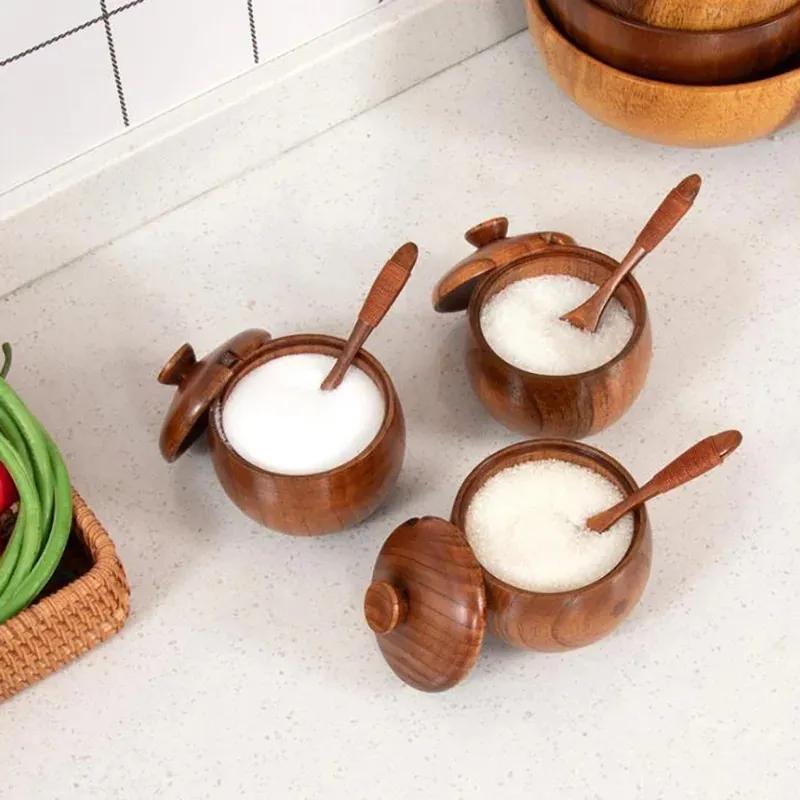 1 přírodní dřevěné nádobí Nádoba na koření Kuchyňské náčiní Nádoba na koření a nádoba na omáčku s víkem Mixér na sůl