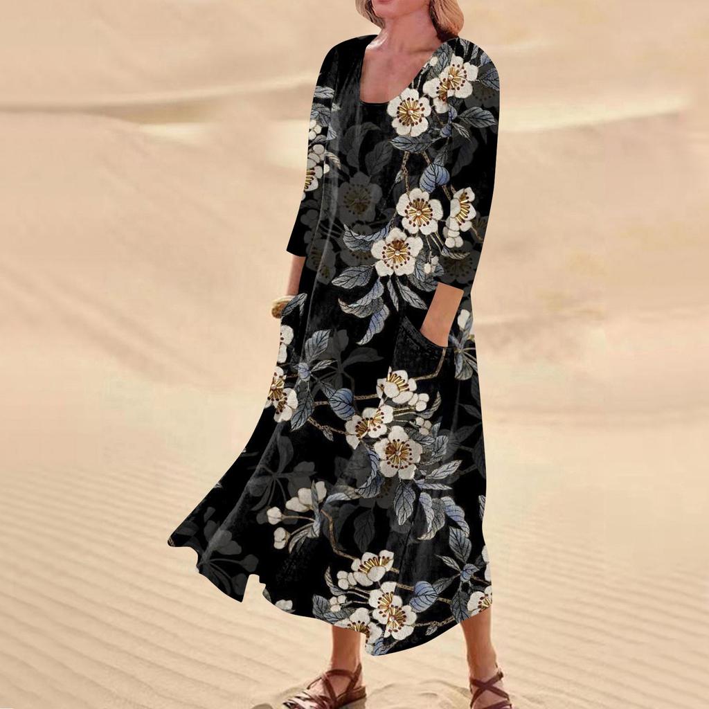 Summer Dress For Women Casual Printed Comfortable Fashion Printed 3/4 Length Sleeve Pocket Dress