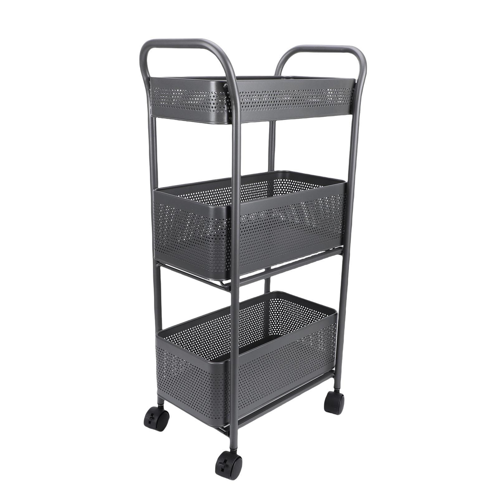 

3 Tier Rolling Utility Cart with Pull Out Basket Steel Multi Functional Movable Storage with Handle for Living Room Kitchen Gray
