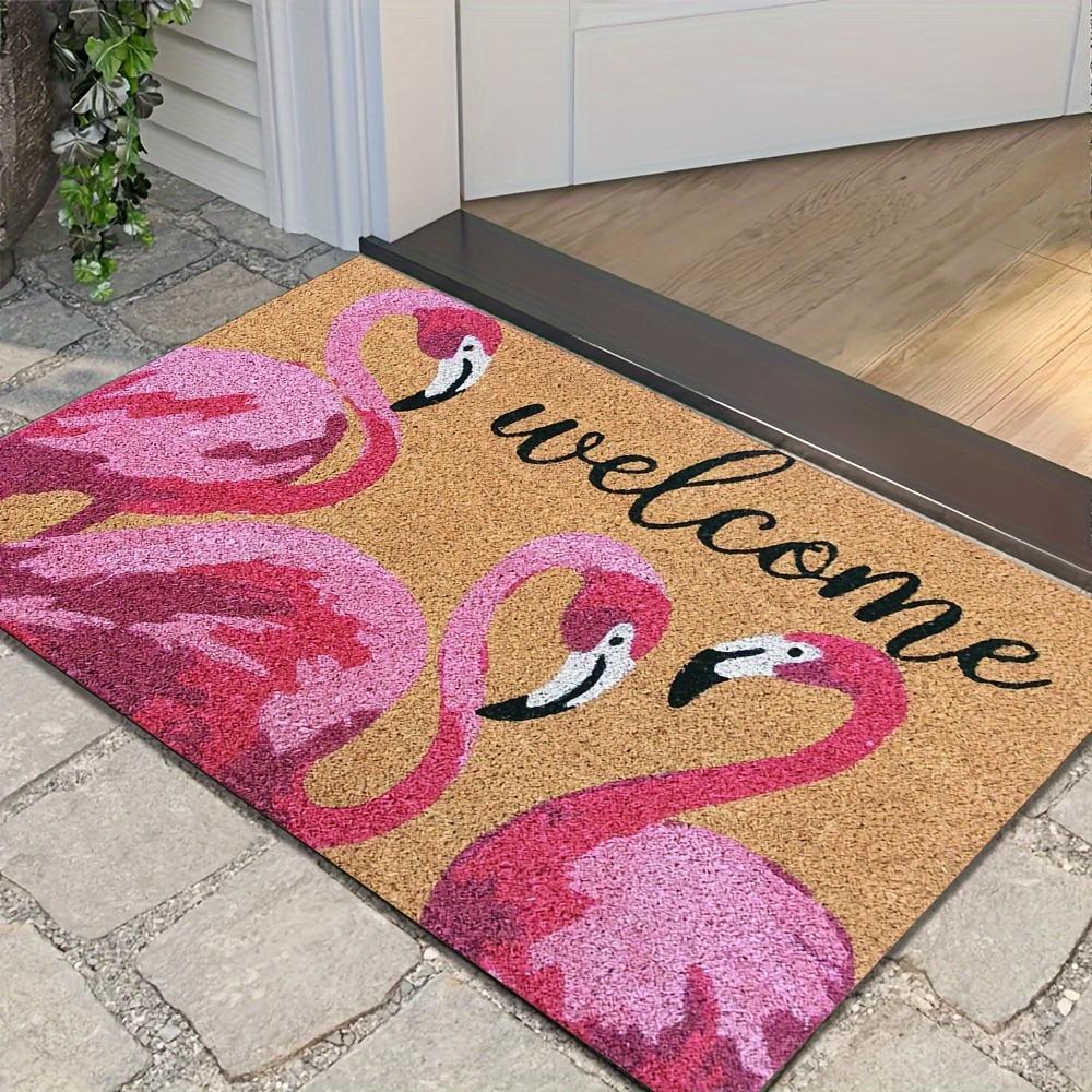Flamingo Welcome Doormat Letters Waterproof Non-Slip Loop Pile Entrance Rug Outdoor Bath Floor Mat