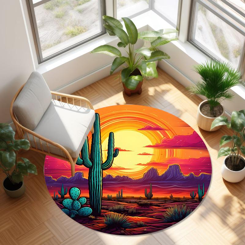 Moroccan Style Circular Carpet Desert Cactus Printed Floor Protection Mat Living Room Bedroom Kitchen Entrance Anti Slip Rug