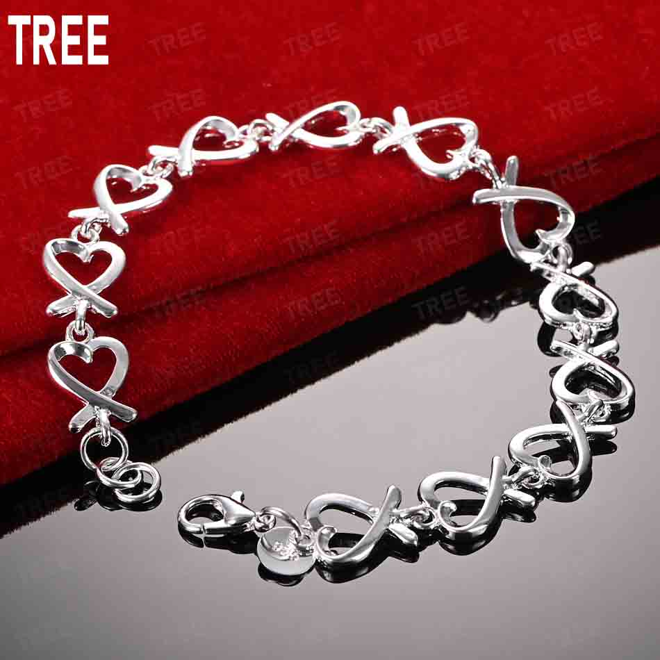 925 Sterling Silver Antique Heart-Shaped Side Chain Beautiful Bracelet Gift Jewelry 20CM