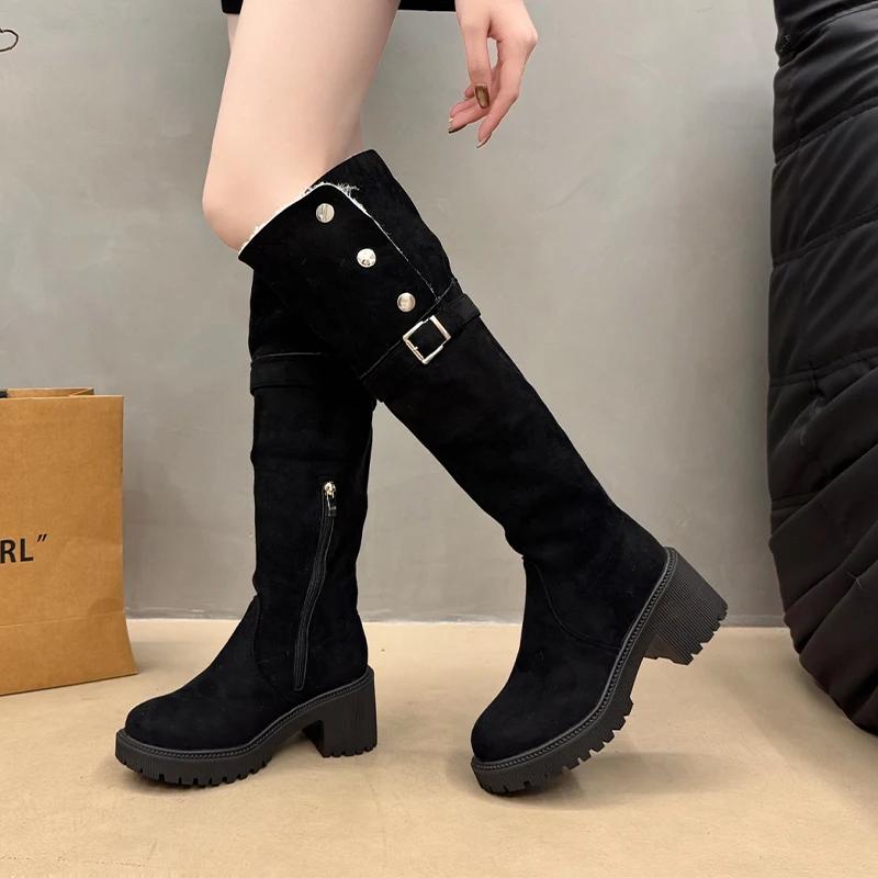 Long Women Boots Fur High Heels Designer Suede Shoes Chunky Fashion Winter Boots  Knee High Fashion Pumps Dress Ladies Boots
