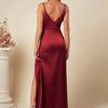 Women's Spaghetti Strap Satin Slit Dress Ruched V Neck Sleeveless