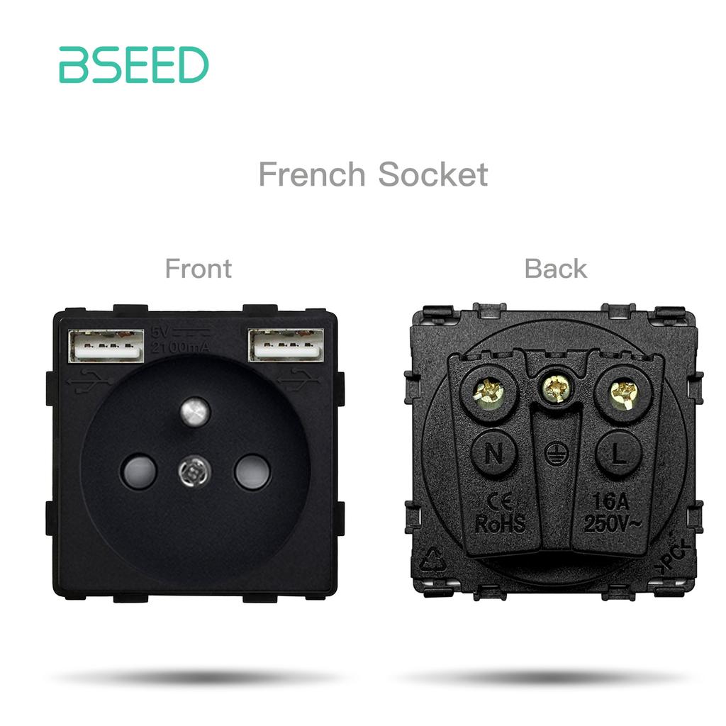BSEED Glass Socket Frames 1/2/3Gang Mechanical Button Switches French Socket TV ST RJ45 CAT5 Type-c USB Sockets DIY Insert Parts