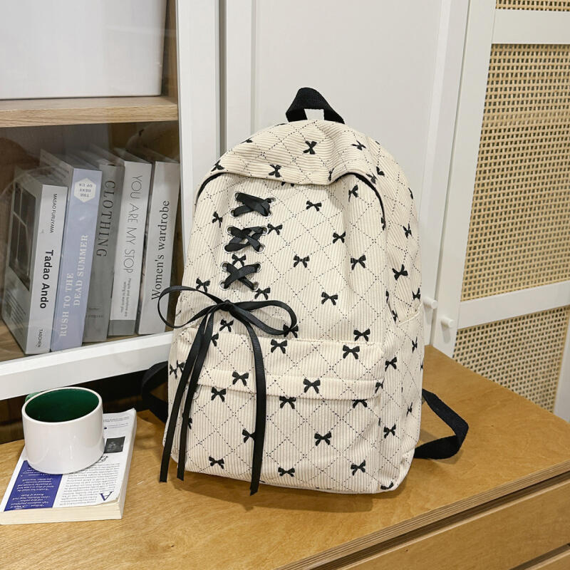 Bow Check Bag Women's Backpack Corduroy Backpack