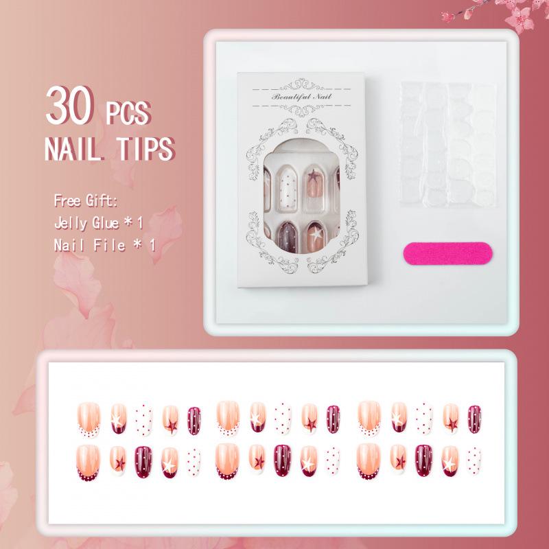 30-Piece Set: Trendy Polka Dot French Almond Wearable Ultra-Short Cute Manicure Stars.