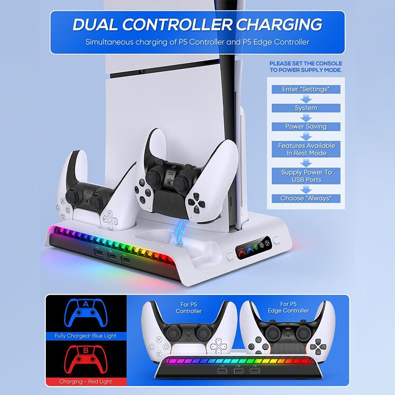 Charging Stand for NEW PS5 Slim Cooling Fan Station for DualSense/Edge Controller with RGB Light Headset Hook 3 USB Hubs