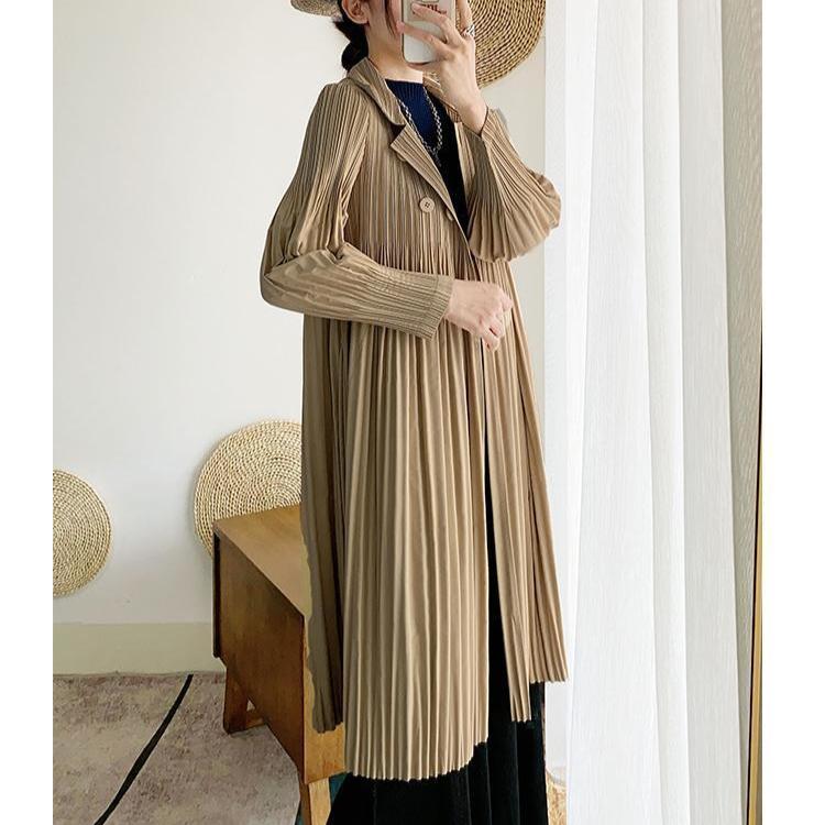 Women Pleated Trench Coat Long Loose Double Breasted Spring Autumn Fashion Versatile Pure Color Outerwear