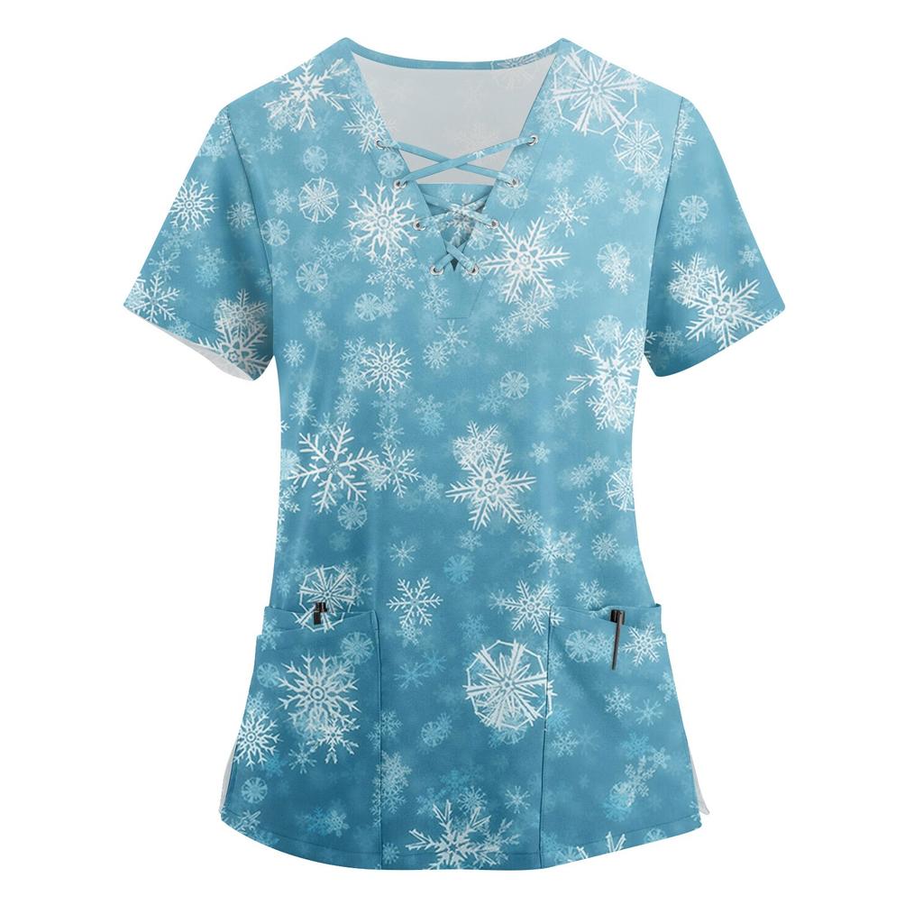 Plus Size Printed Scrub Working Uniform Tops For Women's Cross V-Neck Christmas Print Short Sleeve Fun T-Shirts Workwear Tee With Pockets