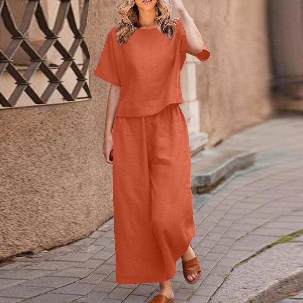 2026 New Loose Solid Color Short-sleeved Wide-leg Pants Set Women's Summer Casual Fashion Two-piece Set Cross-border Belly Cover